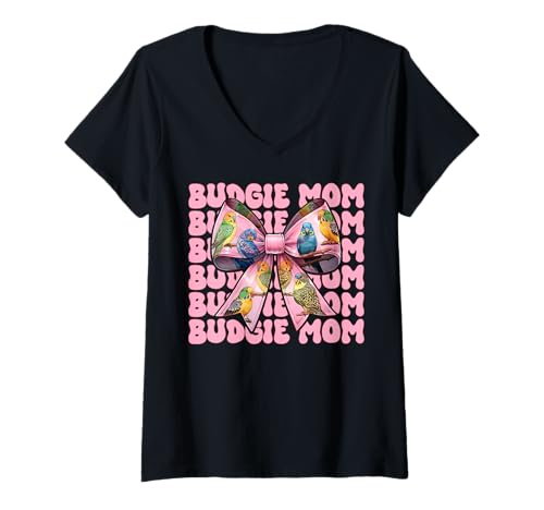 Damen Wellensittich Mama Papagei Muttertag Kokette Schleife T-Shirt mit V-Ausschnitt von Womens Pink Coquette Bow Parakeet Budgie Gifts