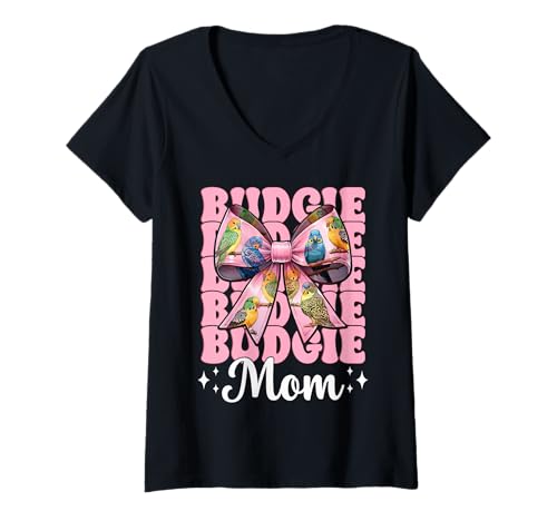 Damen Wellensittich Mama Papagei Muttertag Kokette Schleife T-Shirt mit V-Ausschnitt von Womens Pink Coquette Bow Parakeet Budgie Gifts