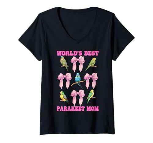 Damen World's Best Sittich Mama Wellensittich Papagei Muttertag T-Shirt mit V-Ausschnitt von Womens Pink Coquette Bow Parakeet Budgie Gifts