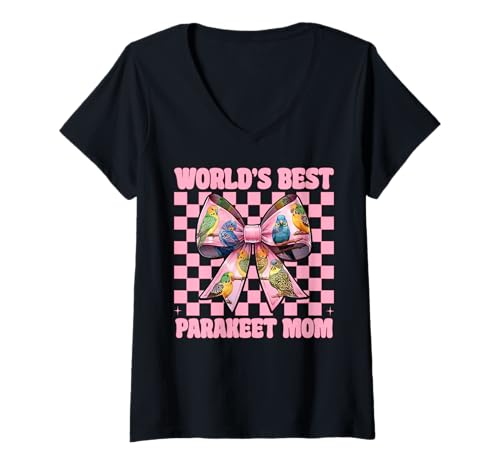 Damen World's Best Sittich Mama Wellensittich Papagei Muttertag T-Shirt mit V-Ausschnitt von Womens Pink Coquette Bow Parakeet Budgie Gifts