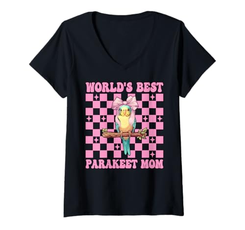 Damen World's Best Sittich Mama Wellensittich Papagei Muttertag T-Shirt mit V-Ausschnitt von Womens Pink Coquette Bow Parakeet Budgie Gifts