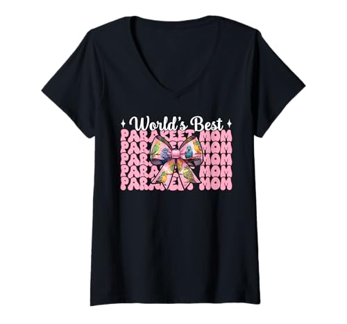 Damen World's Best Sittich Mama Wellensittich Papagei Muttertag T-Shirt mit V-Ausschnitt von Womens Pink Coquette Bow Parakeet Budgie Gifts
