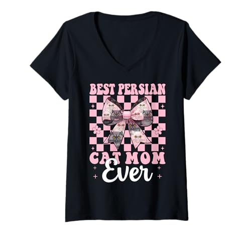 Damen Best Persian Cat Mom Ever Mama Muttertag Kokette Schleife T-Shirt mit V-Ausschnitt von Womens Pink Coquette Bow Persian Cat Pet Gifts
