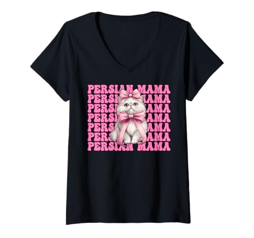 Damen Persische Mama Mama Perserkatze Muttertag Rosa Kokette Schleife T-Shirt mit V-Ausschnitt von Womens Pink Coquette Bow Persian Cat Pet Gifts