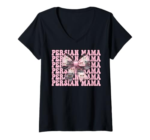 Damen Persische Mama Mama Perserkatze Muttertag Rosa Kokette Schleife T-Shirt mit V-Ausschnitt von Womens Pink Coquette Bow Persian Cat Pet Gifts