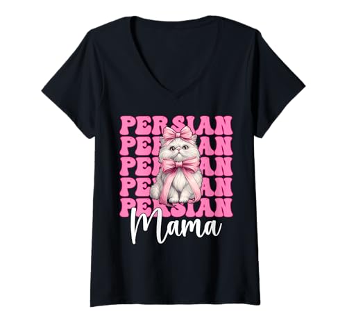 Damen Persische Mama Mama Perserkatze Muttertag Rosa Kokette Schleife T-Shirt mit V-Ausschnitt von Womens Pink Coquette Bow Persian Cat Pet Gifts