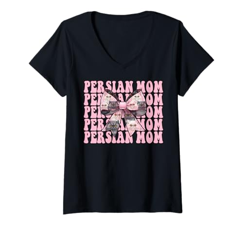 Damen Persische Mutter Mama Perserkatze Muttertag Rosa Kokette Schleife T-Shirt mit V-Ausschnitt von Womens Pink Coquette Bow Persian Cat Pet Gifts