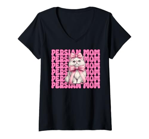 Damen Persische Mutter Mama Perserkatze Muttertag Rosa Kokette Schleife T-Shirt mit V-Ausschnitt von Womens Pink Coquette Bow Persian Cat Pet Gifts