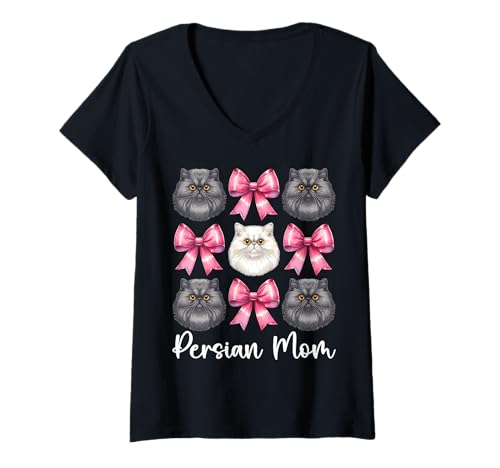 Damen Persische Mutter Mama Perserkatze Muttertag Rosa Kokette Schleife T-Shirt mit V-Ausschnitt von Womens Pink Coquette Bow Persian Cat Pet Gifts