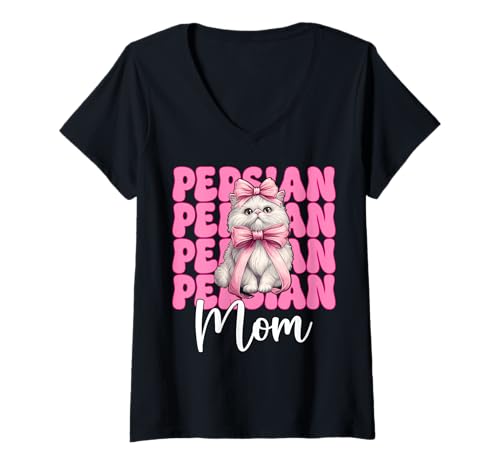 Damen Persische Mutter Mama Perserkatze Muttertag Rosa Kokette Schleife T-Shirt mit V-Ausschnitt von Womens Pink Coquette Bow Persian Cat Pet Gifts