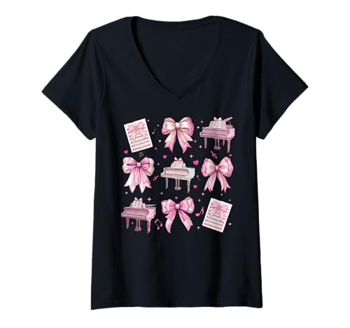 Damen Pianist, Klavierinstrument, Mädchen, Kokette, Bogen, Rosa, Mama T-Shirt mit V-Ausschnitt von Womens Pink Coquette Bow Pianist Piano Gifts