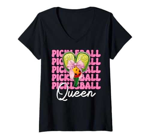 Damen Pickleball Queen Pickleball für Mädchen, Mama, Muttertag, Rosa T-Shirt mit V-Ausschnitt von Womens Pink Coquette Bow Pickleball Player Gifts