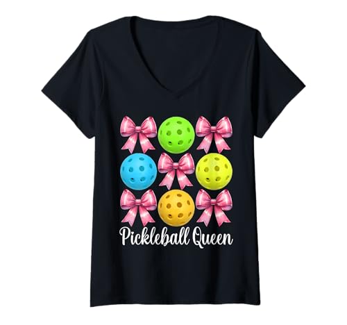 Damen Pickleball Queen Pickleball für Mädchen, Mama, Muttertag, Rosa T-Shirt mit V-Ausschnitt von Womens Pink Coquette Bow Pickleball Player Gifts