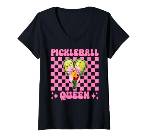 Damen Pickleball Queen Pickleball für Mädchen, Mama, Muttertag, Rosa T-Shirt mit V-Ausschnitt von Womens Pink Coquette Bow Pickleball Player Gifts