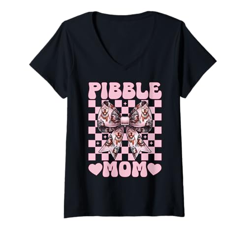 Damen Pibble Mom Pitbull Mom Mama Hund Muttertag Kokette Schleife T-Shirt mit V-Ausschnitt von Womens Pink Coquette Bow Pitbull Dog Gifts