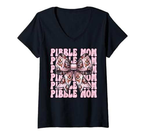 Damen Pibble Mom Pitbull Mom Mama Hund Muttertag Kokette Schleife T-Shirt mit V-Ausschnitt Damen Pibble Mom Pitbull Mom Mama Hund Muttertag Kokette Schleife T-Shirt mit V-Ausschnitt von Womens Pink Coquette Bow Pitbull Dog Gifts
