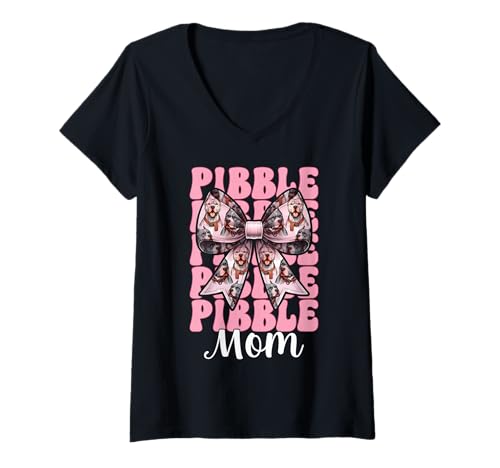 Damen Pibble Mom Pitbull Mom Mama Hund Muttertag Kokette Schleife T-Shirt mit V-Ausschnitt Damen Pibble Mom Pitbull Mom Mama Hund Muttertag Kokette Schleife T-Shirt mit V-Ausschnitt von Womens Pink Coquette Bow Pitbull Dog Gifts