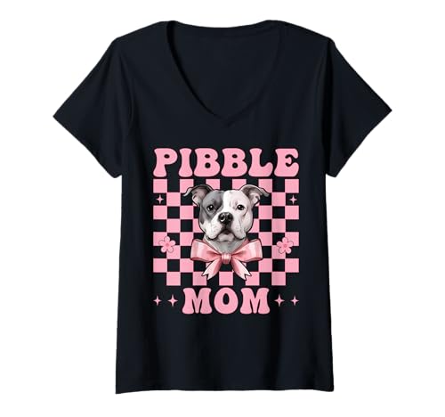 Damen Pibble Mom Pitbull Mom Mama Hund Muttertag Kokette Schleife T-Shirt mit V-Ausschnitt Damen Pibble Mom Pitbull Mom Mama Hund Muttertag Kokette Schleife T-Shirt mit V-Ausschnitt von Womens Pink Coquette Bow Pitbull Dog Gifts