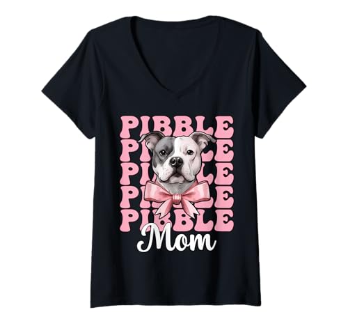 Damen Pibble Mom Pitbull Mom Mama Hund Muttertag Kokette Schleife T-Shirt mit V-Ausschnitt Damen Pibble Mom Pitbull Mom Mama Hund Muttertag Kokette Schleife T-Shirt mit V-Ausschnitt von Womens Pink Coquette Bow Pitbull Dog Gifts