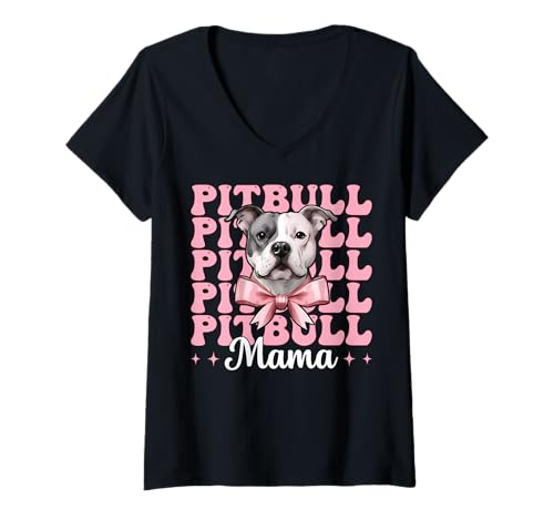 Damen Pitbull Mama Pitbull Mom Hund Muttertag Kokette Schleife T-Shirt mit V-Ausschnitt Damen Pitbull Mama Pitbull Mom Hund Muttertag Kokette Schleife T-Shirt mit V-Ausschnitt von Womens Pink Coquette Bow Pitbull Dog Gifts