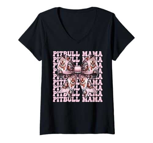 Damen Pitbull Mama Pitbull Mom Hund Muttertag Kokette Schleife T-Shirt mit V-Ausschnitt von Womens Pink Coquette Bow Pitbull Dog Gifts