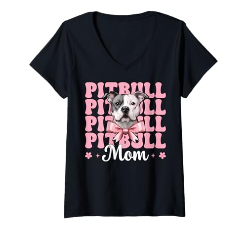 Damen Pitbull Mom Pitbull Mama Hund Muttertag Kokette Schleife T-Shirt mit V-Ausschnitt von Womens Pink Coquette Bow Pitbull Dog Gifts