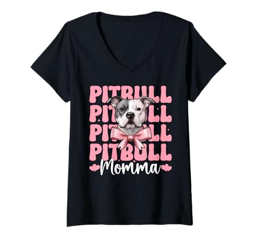 Damen Pitbull Momma Pitbull Mama Mama Hund Muttertag Kokette Schleife T-Shirt mit V-Ausschnitt Damen Pitbull Momma Pitbull Mama Mama Hund Muttertag Kokette Schleife T-Shirt mit V-Ausschnitt von Womens Pink Coquette Bow Pitbull Dog Gifts