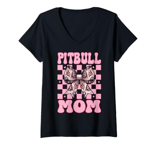 Damen Pittie Mom Pitbull Mom Mama Hund Muttertag Kokette Schleife T-Shirt mit V-Ausschnitt von Womens Pink Coquette Bow Pitbull Dog Gifts