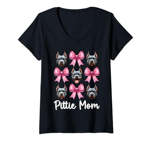 Damen Pittie Mom Pitbull Mom Mama Hund Muttertag Kokette Schleife T-Shirt mit V-Ausschnitt von Womens Pink Coquette Bow Pitbull Dog Gifts