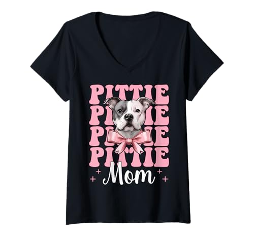 Damen Pittie Mom Pitbull Mom Mama Hund Muttertag Kokette Schleife T-Shirt mit V-Ausschnitt Damen Pittie Mom Pitbull Mom Mama Hund Muttertag Kokette Schleife T-Shirt mit V-Ausschnitt von Womens Pink Coquette Bow Pitbull Dog Gifts
