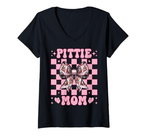 Damen Pittie Mom Pitbull Mom Mama Hund Muttertag Kokette Schleife T-Shirt mit V-Ausschnitt Damen Pittie Mom Pitbull Mom Mama Hund Muttertag Kokette Schleife T-Shirt mit V-Ausschnitt von Womens Pink Coquette Bow Pitbull Dog Gifts
