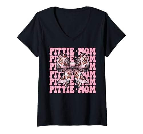Damen Pittie Mom Pitbull Mom Mama Hund Muttertag Kokette Schleife T-Shirt mit V-Ausschnitt Damen Pittie Mom Pitbull Mom Mama Hund Muttertag Kokette Schleife T-Shirt mit V-Ausschnitt von Womens Pink Coquette Bow Pitbull Dog Gifts