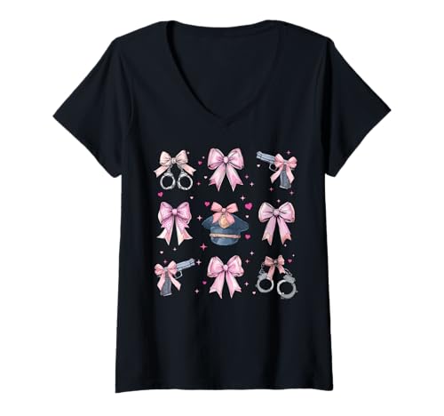 Damen Polizistin Strafverfolgung Mädchen Kokette Schleife Rosa T-Shirt mit V-Ausschnitt Damen Polizistin Strafverfolgung Mädchen Kokette Schleife Rosa T-Shirt mit V-Ausschnitt von Womens Pink Coquette Bow Police Officer Gifts