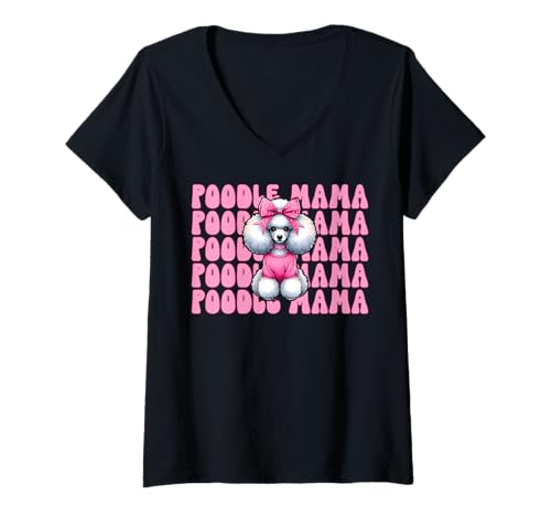 Damen Pudel Mama Pudel Mama Hund Muttertag Kokette Schleife T-Shirt mit V-Ausschnitt von Womens Pink Coquette Bow Poodle Dog Gifts
