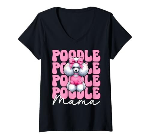 Damen Pudel Mama Pudel Mama Hund Muttertag Kokette Schleife T-Shirt mit V-Ausschnitt von Womens Pink Coquette Bow Poodle Dog Gifts
