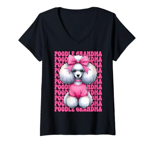 Damen Pudel Oma Oma Hund Rosa Kokette Schleife T-Shirt mit V-Ausschnitt Damen Pudel Oma Oma Hund Rosa Kokette Schleife T-Shirt mit V-Ausschnitt von Womens Pink Coquette Bow Poodle Dog Gifts