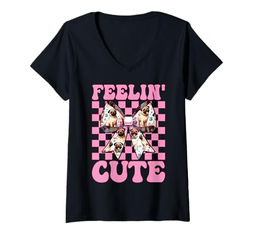 Damen Feelin' Cute Pug Dog Girl Mops Mom Pink Coquette Bow T-Shirt mit V-Ausschnitt von Womens Pink Coquette Bow Pug Dog Gifts