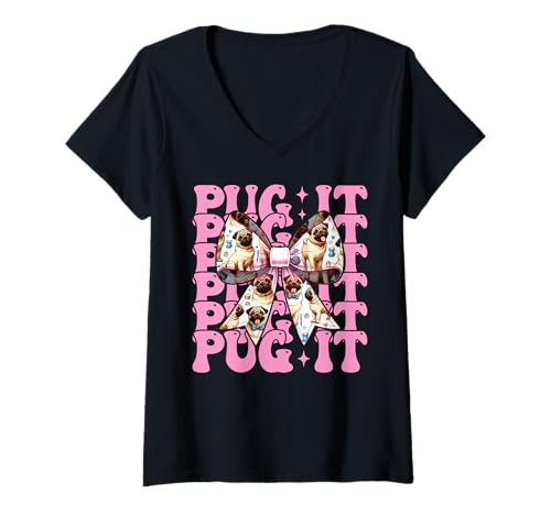 Damen Mops It Hunde-Mädchen Mops Mom Rosa Kokette Schleife T-Shirt mit V-Ausschnitt von Womens Pink Coquette Bow Pug Dog Gifts
