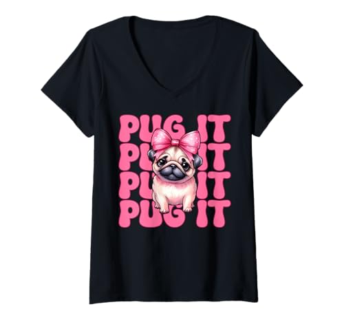 Damen Mops It Hunde-Mädchen Mops Mom Rosa Kokette Schleife T-Shirt mit V-Ausschnitt von Womens Pink Coquette Bow Pug Dog Gifts