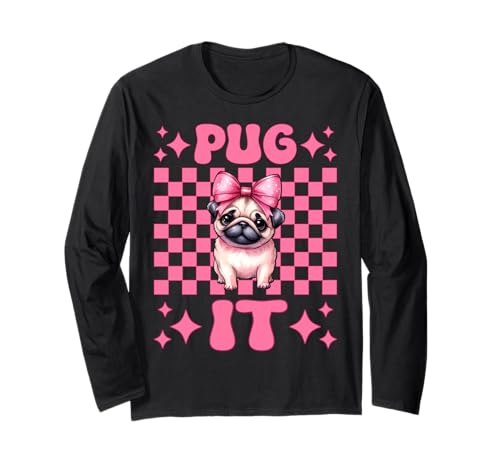Mops It Hunde-Mädchen Mops Mom Rosa Kokette Schleife Langarmshirt von Womens Pink Coquette Bow Pug Dog Gifts