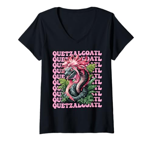 Damen Quetzalcoatl Aztekengott Mythologie Maya Inka-Mädchen Kokette T-Shirt mit V-Ausschnitt von Womens Pink Coquette Bow Quetzalcoatl Aztec Gifts