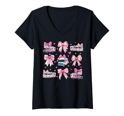 Damen RV Camper RV Camping Urlaub Wohnmobil Mädchen Kokette Schleife T-Shirt mit V-Ausschnitt von Womens Pink Coquette Bow RV Camper Camping Gifts