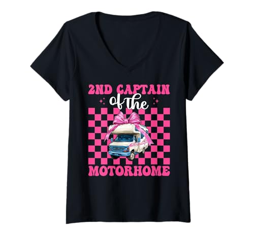 Damen 2. Captain of The Wohnmobil, Wohnmobil, Camping, Camper, Mädchen, Mutter T-Shirt mit V-Ausschnitt von Womens Pink Coquette Bow RV Camping Camper Gifts
