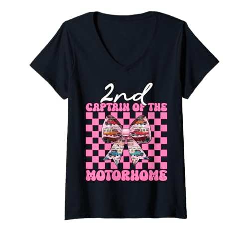 Damen 2. Captain of The Wohnmobil, Wohnmobil, Camping, Camper, Mädchen, Mutter T-Shirt mit V-Ausschnitt von Womens Pink Coquette Bow RV Camping Camper Gifts