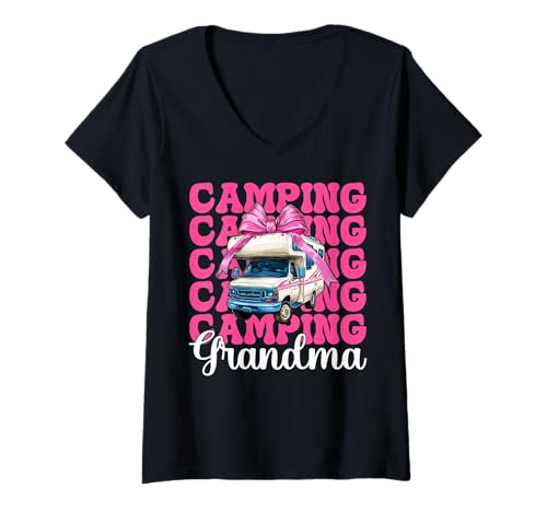 Damen Camping Oma RV Camping Camper Wohnmobil Nana Coquette T-Shirt mit V-Ausschnitt von Womens Pink Coquette Bow RV Camping Camper Gifts
