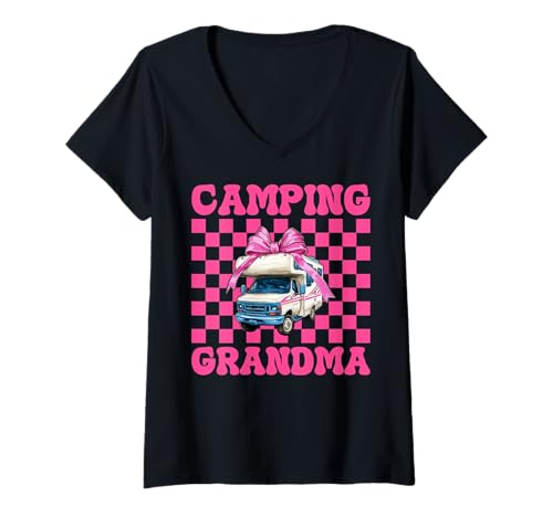 Damen Camping Oma RV Camping Camper Wohnmobil Nana Coquette T-Shirt mit V-Ausschnitt von Womens Pink Coquette Bow RV Camping Camper Gifts