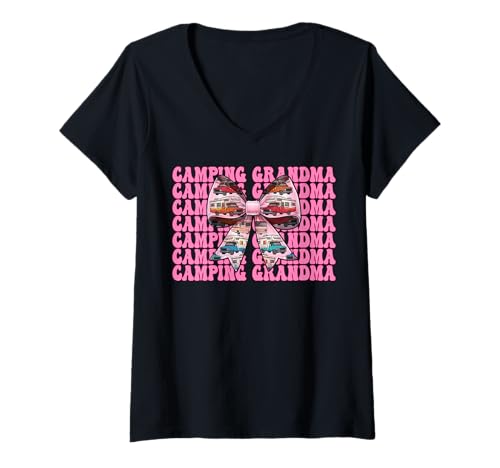 Damen Camping Oma RV Camping Camper Wohnmobil Nana Coquette T-Shirt mit V-Ausschnitt von Womens Pink Coquette Bow RV Camping Camper Gifts