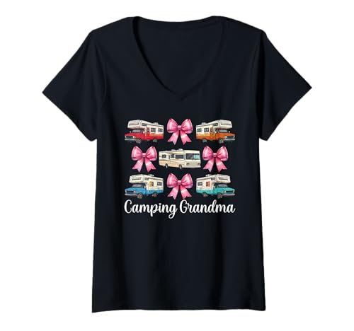 Damen Camping Oma RV Camping Camper Wohnmobil Nana Coquette T-Shirt mit V-Ausschnitt von Womens Pink Coquette Bow RV Camping Camper Gifts