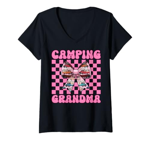 Damen Camping Oma RV Camping Camper Wohnmobil Nana Coquette T-Shirt mit V-Ausschnitt von Womens Pink Coquette Bow RV Camping Camper Gifts