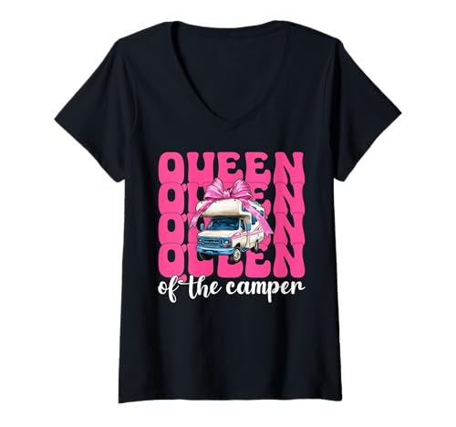 Damen Queen of The Camper RV Camping Camper Wohnmobil Mädchen Mama T-Shirt mit V-Ausschnitt von Womens Pink Coquette Bow RV Camping Camper Gifts